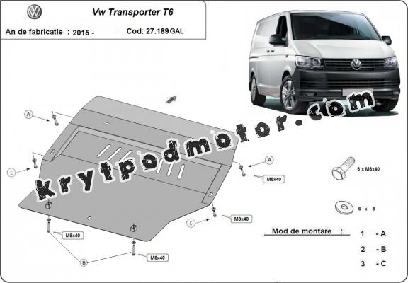 Galvanizovaná ocel ryt pod motor Volkswagen Transporter T6