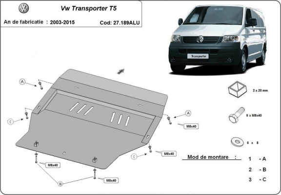 Kryt pod motor hliník Volkswagen Transporter T5